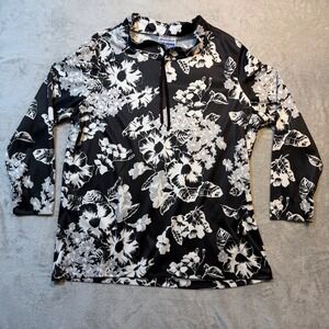 Vintage 70s Dark Floral High Neck Tie Blouse Black Mod Classic Boating Size 42